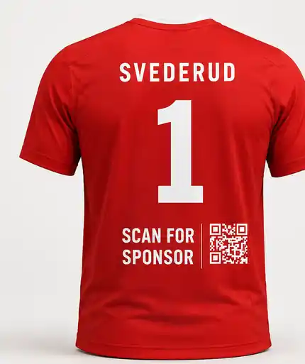 Matchtröja för Täby HBK P12 med SVEDERUD, nummer 1 och SCAN FOR SPONSOR med QR-kod på ryggen